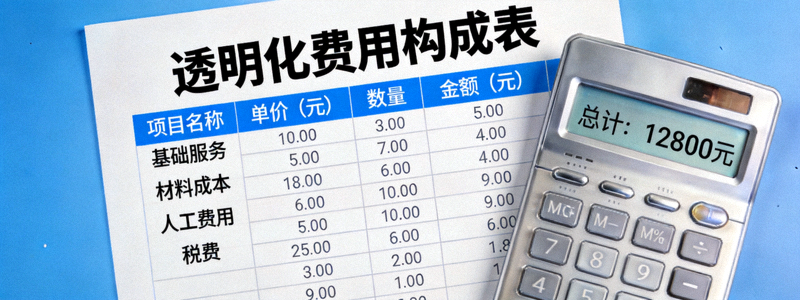 清晰的价格清单表格与计算器，展示透明化的费用构成